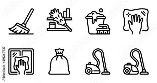 Obraz na płótnie Cleaning Icons Set: Broom, Duster, Bucket, Vacuum, Window Wash, Bag
