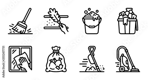 Photos Cleaning Icons Set, Household Chores Vector Graphics, Hygiene Tools Collection,