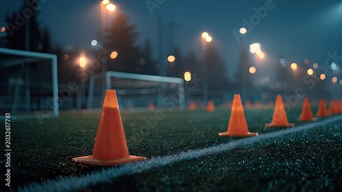 Row of Bright Orange Traffic Cones on Artificial Turf in a Sports Field During Evening Under Stadium Lights