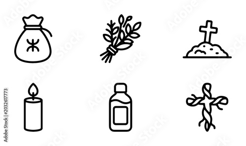 Photos Funeral and Memorial Icons: Grief, Remembrance, and Spiritual Symbols Vector Set