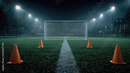 Empty soccer field at night with goalpost, floodlights, and orange training cones on grassy pitch under cloudy sky