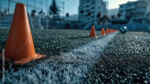 Close-up of orange training cones on wet sports field with water spray effect during daytime, outdoor athletic training environment, urban backdrop