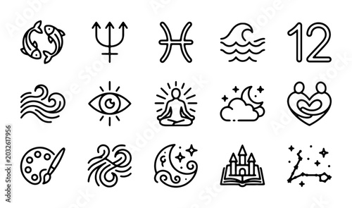 Foto Zodiac Astrology Icons Set, Pisces, Horoscope Symbols, Celestial Elements, 12 Si