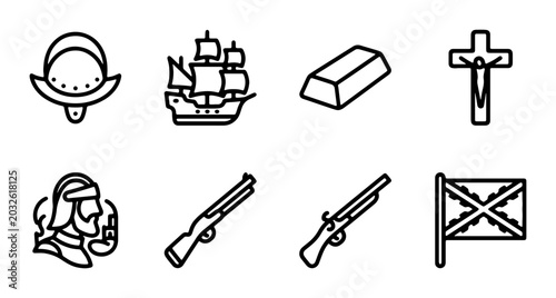 Foto Conquistador Icons: Ship, Gold, Cross, Gun, Flag, Helmet, Explorer Vector Set