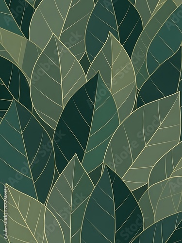 Stylized Green Leaf Pattern with Golden Veins Background