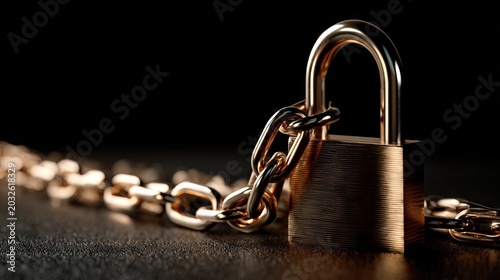 Close-up of a large metallic padlock secured on a chain symbolizing security and protection against theft or unauthorized access