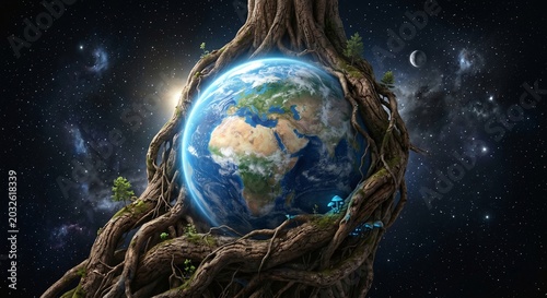 Planet Earth wrapped in giant ancient tree roots floating in a starry outer space galaxy.