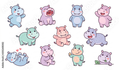 Tableau sur toile Cute hippo mascot collection walking and yawning vector illustration