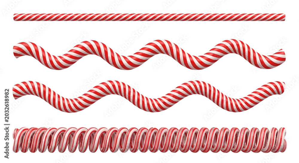 Fototapeta premium Red and white striped border lines, wavy ribbons, and spiral shapes, vector graphics set