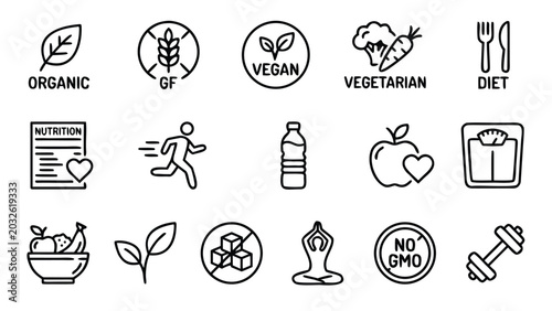 Set of 16 healthy lifestyle and nutrition line icons featuring organic food, vegan, vegetarian, gluten-free, diet, nutrition facts, running, water, apple, scale, fruit bowl, no sugar, yoga, no GMO,