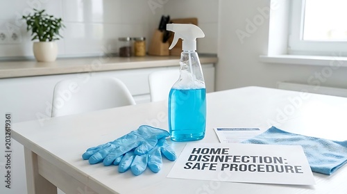 A white kitchen table with a spray bottle of disinfectant blue liquid, blue gloves, a cloth, and a 