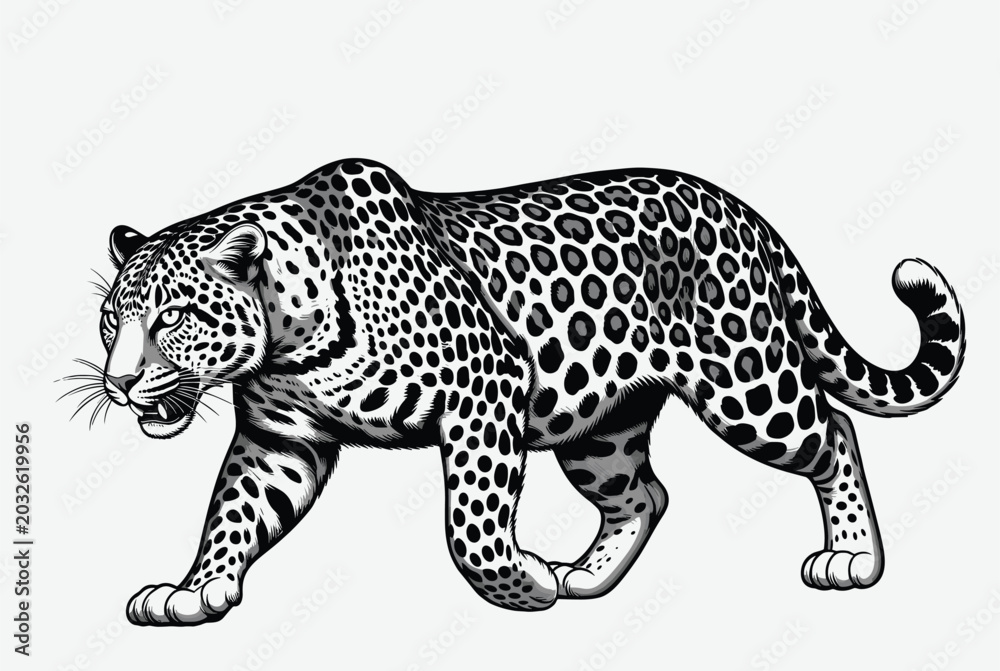 Fototapeta premium Majestic leopard walks with a focused gaze in this detailed black and white line art illustration showcasing its distinctive spotted fur pattern.