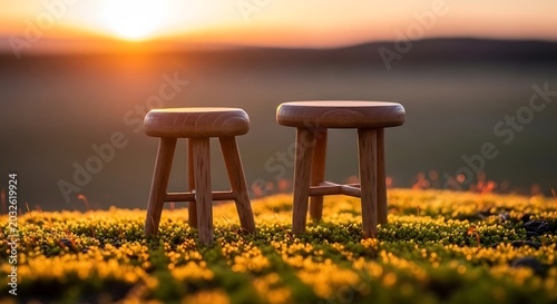 Two miniature wooden stools on a bed of moss at sunset