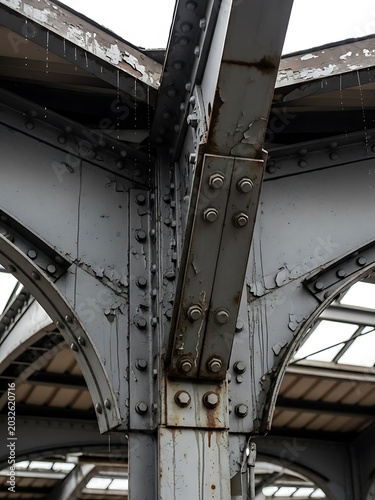 Vintage Industrial Structural Steel Column with Rivets and Peeling Grey Paint