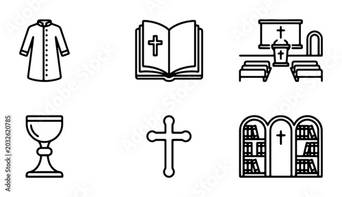 Bilde på lerret Christianity Icons Set: Bible, Cross, Chalice, Altar, Vestment, Church Library V