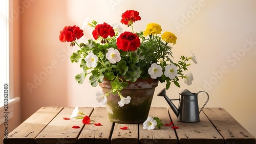 Vibrant Summer Flowers in a Pot on a Rustic Wooden Table with Watering Can