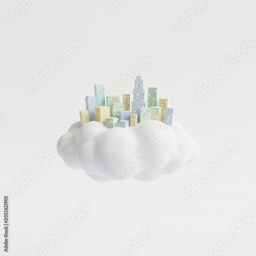 3d render of a miniature city skyline sitting on a fluffy cloud