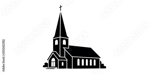 Black silhouette of a church with a steeple and cross building in white background