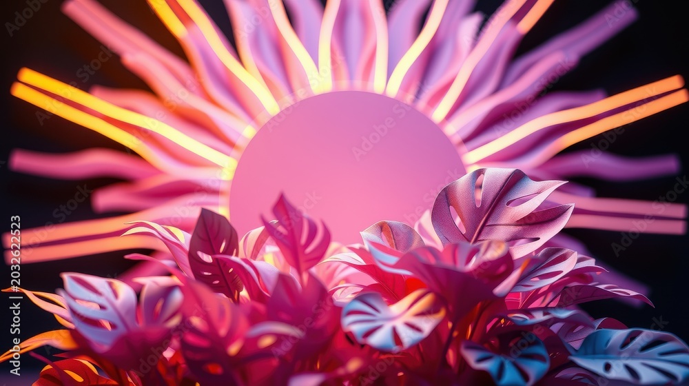 Obraz premium Vibrant tropical leaves below glowing sunburst. Pink, orange hues dominate dark background. Modern digital art style.