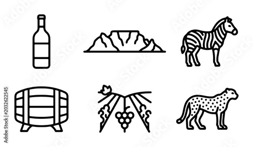 South Africa Icons: Table Mountain, Zebra, Cheetah, Wine Barrel, Vineyard, Bottle