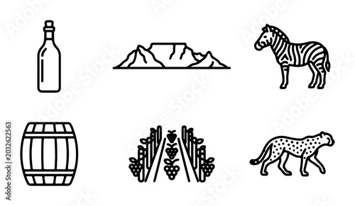 South Africa Icons: Table Mountain, Zebra, Cheetah, Wine Bottle, Vineyard, Barrel