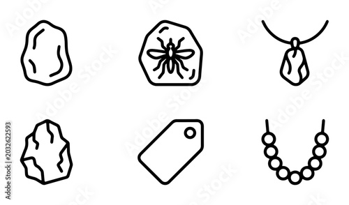 Amber Stone Icons, Fossil Insect Pendant, Gem Necklace, Raw Rock, Price Tag, Jewelry Set Vector