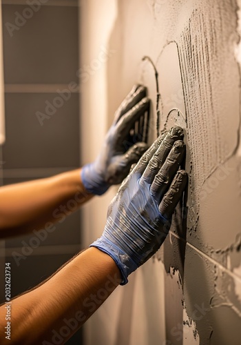 Worker hands in blue gloves applying grey plaster on a wall during home renovation