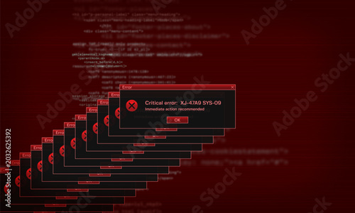 Operating system critical error warning. User interface window with system failure. Software tech crash or bug report concept. Vector illustration for digital UI themes.