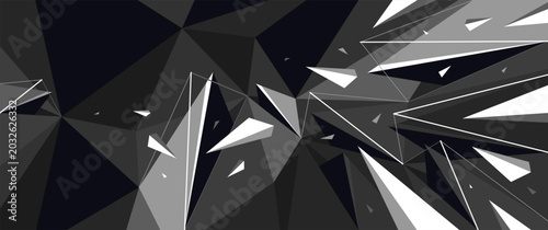 Foto Dark black monochrome greyscale polygonal abstract background with 3D triangular surface and flying debris particles in motion, explosion force abstraction