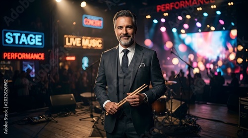 Professional Musician Performer on Stage Holding Musical Sticks