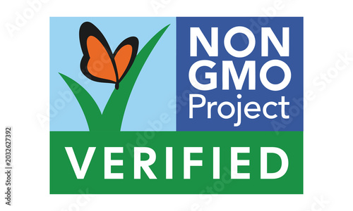 Fotografie Non GMO Project Verified Label Vector Butterfly Organic Certification Badge for