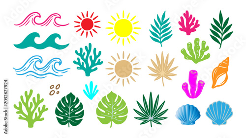Set of colorful summer elements with waves sun tropical leaves coral and sea shells in a cute hand drawn doodle style