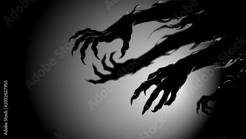 Foto Scary black monster hands with long sharp claws reaching out from the shadows in