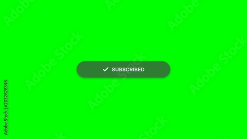 Animated subscribe button animation on green screen with cursor click, changing to checkmark and 'subscribed' status, symbolizing engagement and channel growth, for social media and online content.