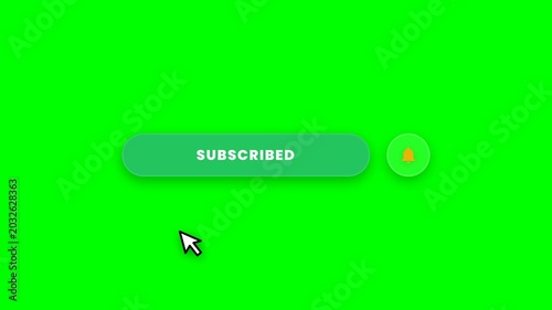 Animated green screen subscribe button animation with mouse cursor interaction and notification bell, symbolizing engagement, channel growth, and audience connection for digital content creation.