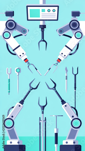 Robotic arms with surgical tools and medical monitor in sterile lab environment