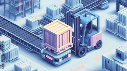 Canvas-taulu Industrial forklift transporting cargo container in modern warehouse setting wit