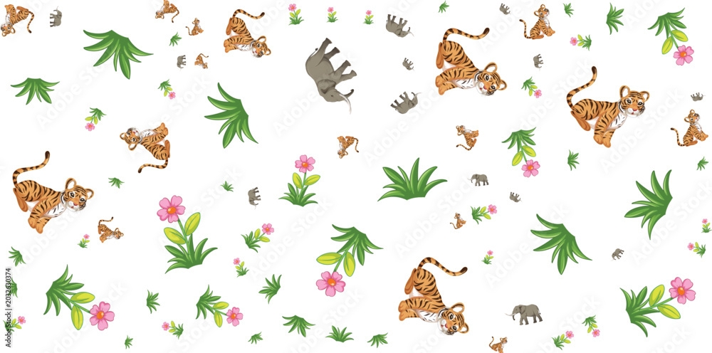 Obraz premium Floral animal pattern with tigers elephants and tropical foliage