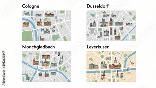 Bild auf Leinwand City Maps of Cologne Dusseldorf Monchengladbach and Leverkusen with Landmarks an