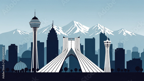 фотографія Modern cityscape with iconic towers and mountain backdrop in cool blue tones for