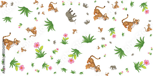 Canvas Print Floral animal pattern with tigers elephants and tropical foliage