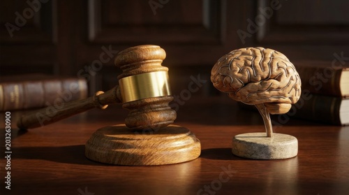 Justice for the Mind: A wooden gavel stands beside a detailed model of a human brain on a polished wooden desk, symbolizing the intersection of law and intellect.