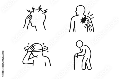 Set of Four Black Line Art Icons Illustrating Neurological Symptoms and Physical Health Issues Including Migraine Headache, Nerve Pain, Dizziness Vertigo, and Mobility Problems with a Cane