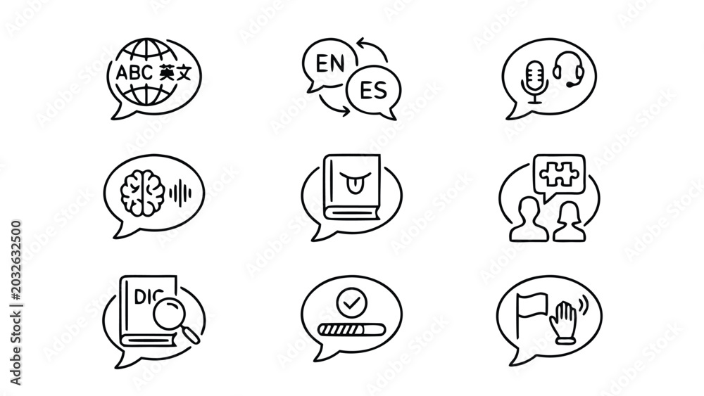 Fototapeta premium Minimalist Line Art Icon Set for Language Learning and Education Featuring Speech Bubbles with Translation, Vocabulary, Speaking, Listening, Dictionary, Brain, and Progress Bar Elements.