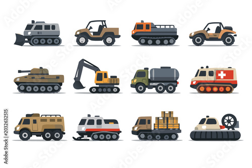 Vector Illustration Set of Specialized Tracked Vehicles and Off-Road Utility Icons Including Tank, Excavator, Ambulance, Hovercraft, Cargo Truck, Snowcat, and ATV for Rugged Terrain and Industry