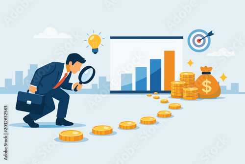 Businessman using a magnifying glass to find investment opportunities and financial success following a path of gold coins towards a money bag, growth chart, target, and creative idea lightbulb.