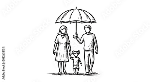 Sketch of family walking under umbrella on rainy day weather.