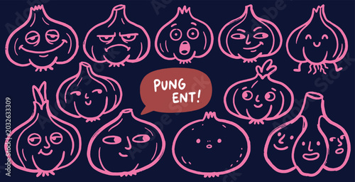 Fotografía Collection of cute cartoon garlic bulbs with various expressive faces and the word Pungent!