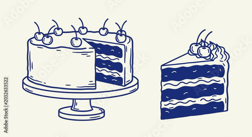 Blue cake, cake with cherries, layered cake illustration, dessert icons