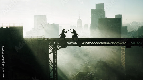 Two silhouetted samurai warriors are locked in a dramatic sword fight atop a steel bridge spanning a fog-shrouded cityscape. The scene is bathed in a hazy, atmospheric light, with the imposing skyline